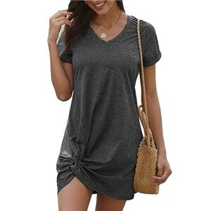 Women's Summer Twist Knot Tshirt V Neck Short Sleeve Knot Dress Dark Gray small